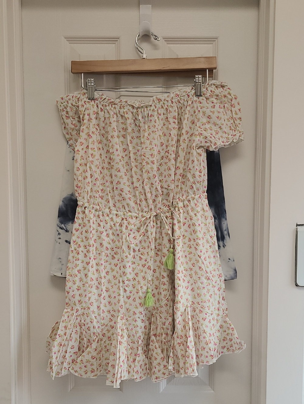 Cream Floral Off-Shoulder Dress with Tassel Tie